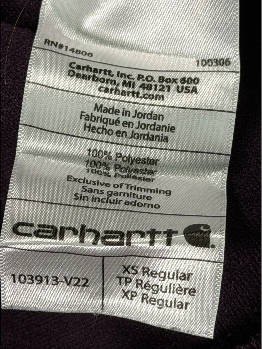 Carhartt XS Relaxed Fit Purple Fleece Jacket Made in Jordan